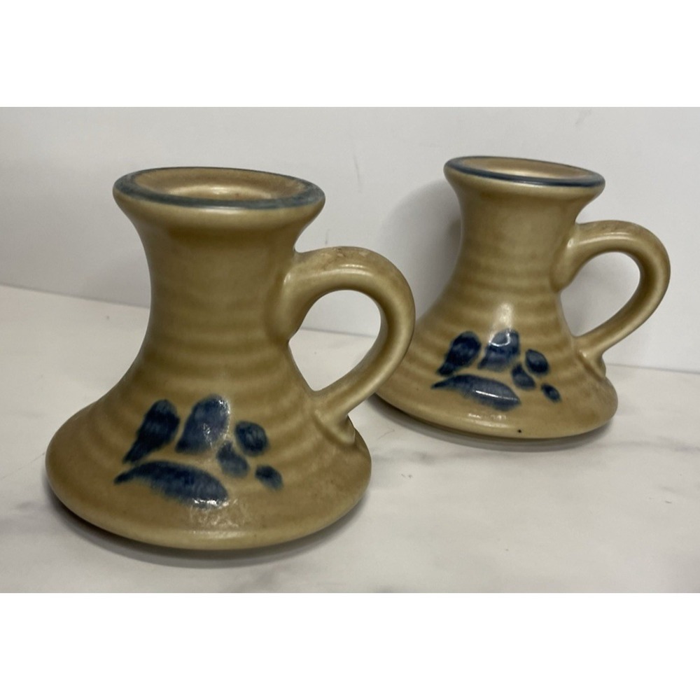 EUC Vintage Pair of 3.25" Pfaltzgraff FOLK ART Taper Candle Holders Set of 2 Tan